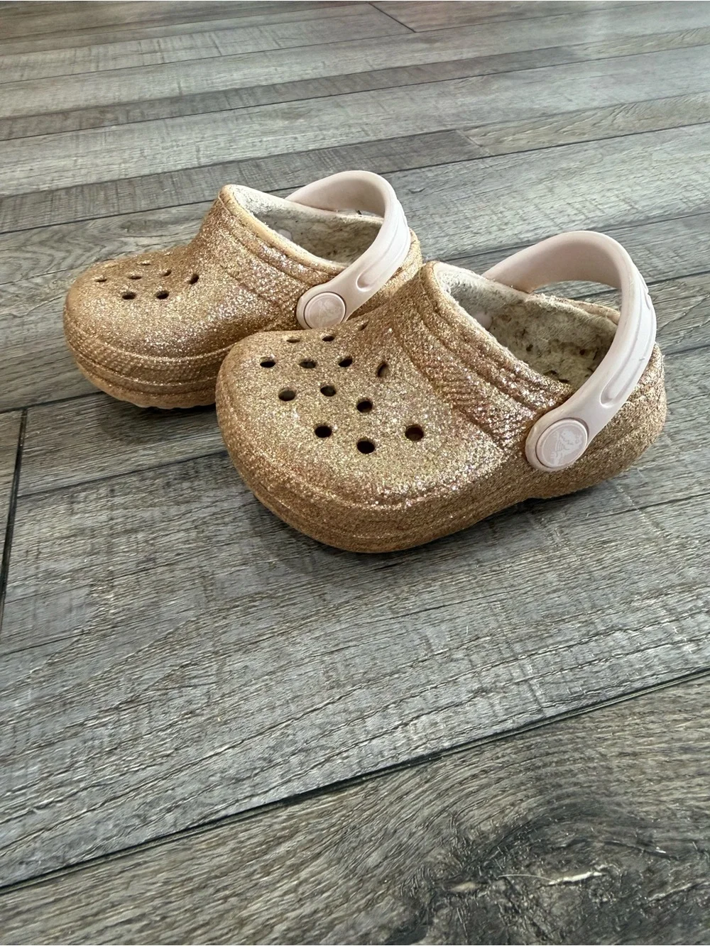 Baby Croc Shoes in Rose Gold with Pink Strap